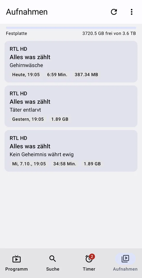 Aufnahmen mit freiem Festplattenplatz
