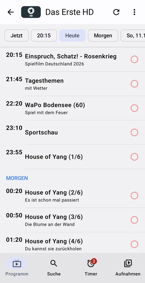 Wochenprogramm eines Senders mit Tagesleiste