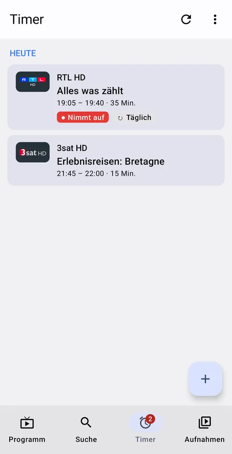 Timerliste mit laufender Aufnahme